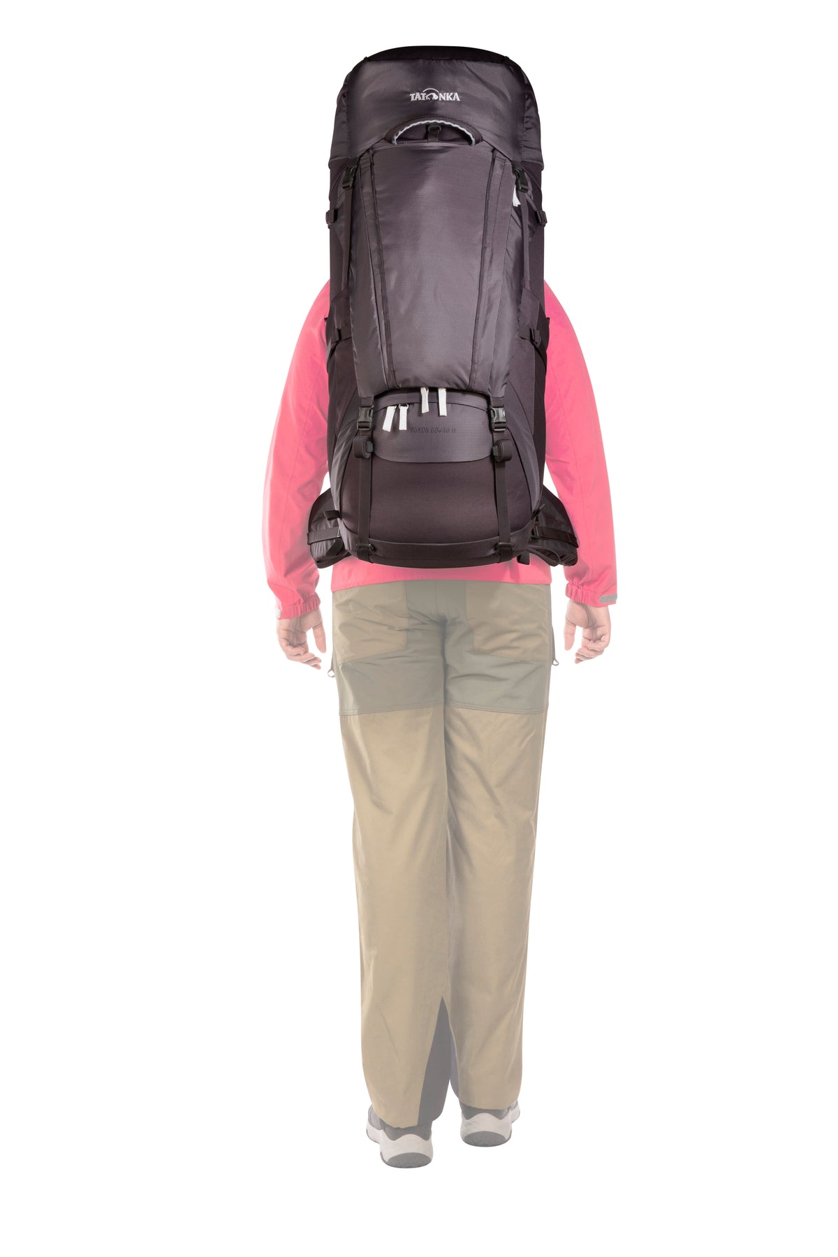 Back view of woman using the 60/10 litre Tatonka branded Yukon women's pack - Midnight Plum