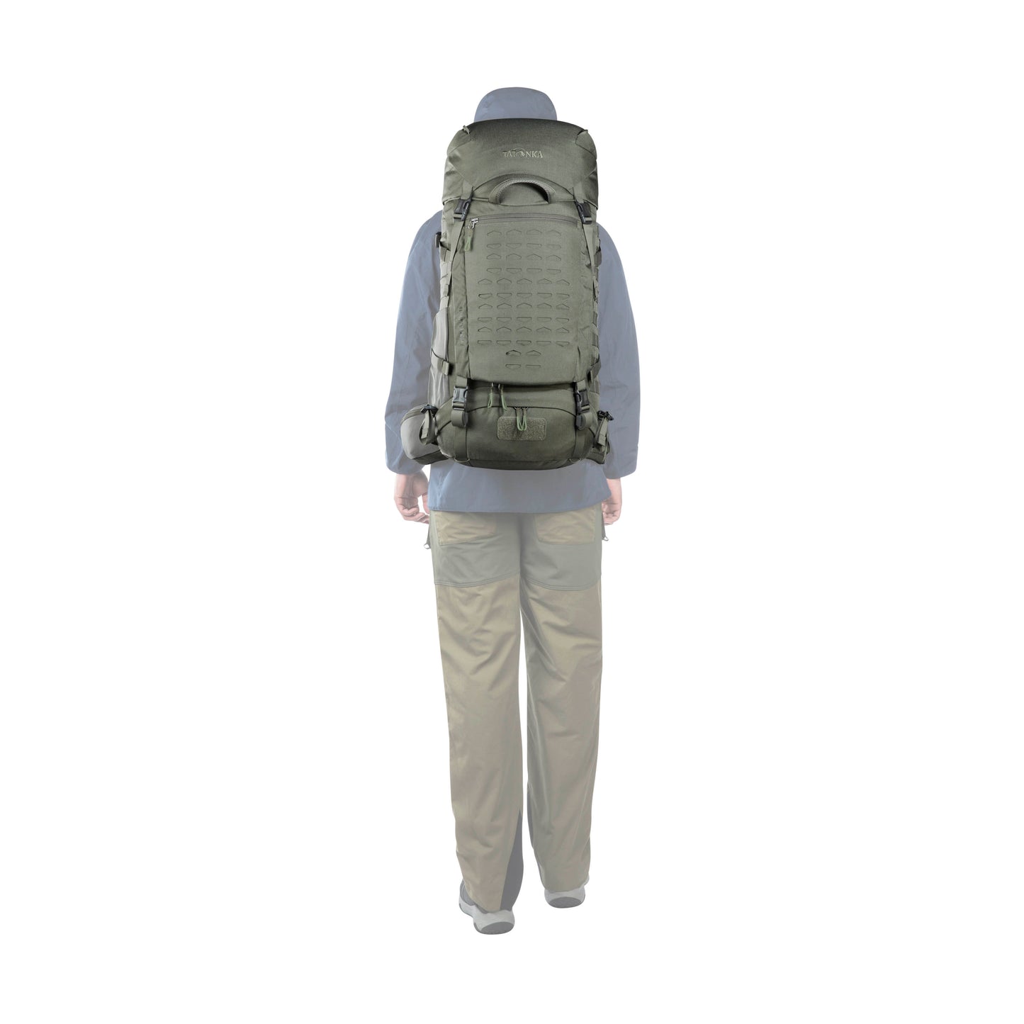 Back view of person using 45 plus 10 litre Tatonka Pyrox pack with padded hip straps - Stone Olive Grey