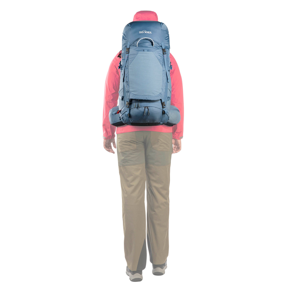 Back view of woman using 40 plus 10 litre Tatonka Pyrox pack with padded hip straps - Elemental Blue