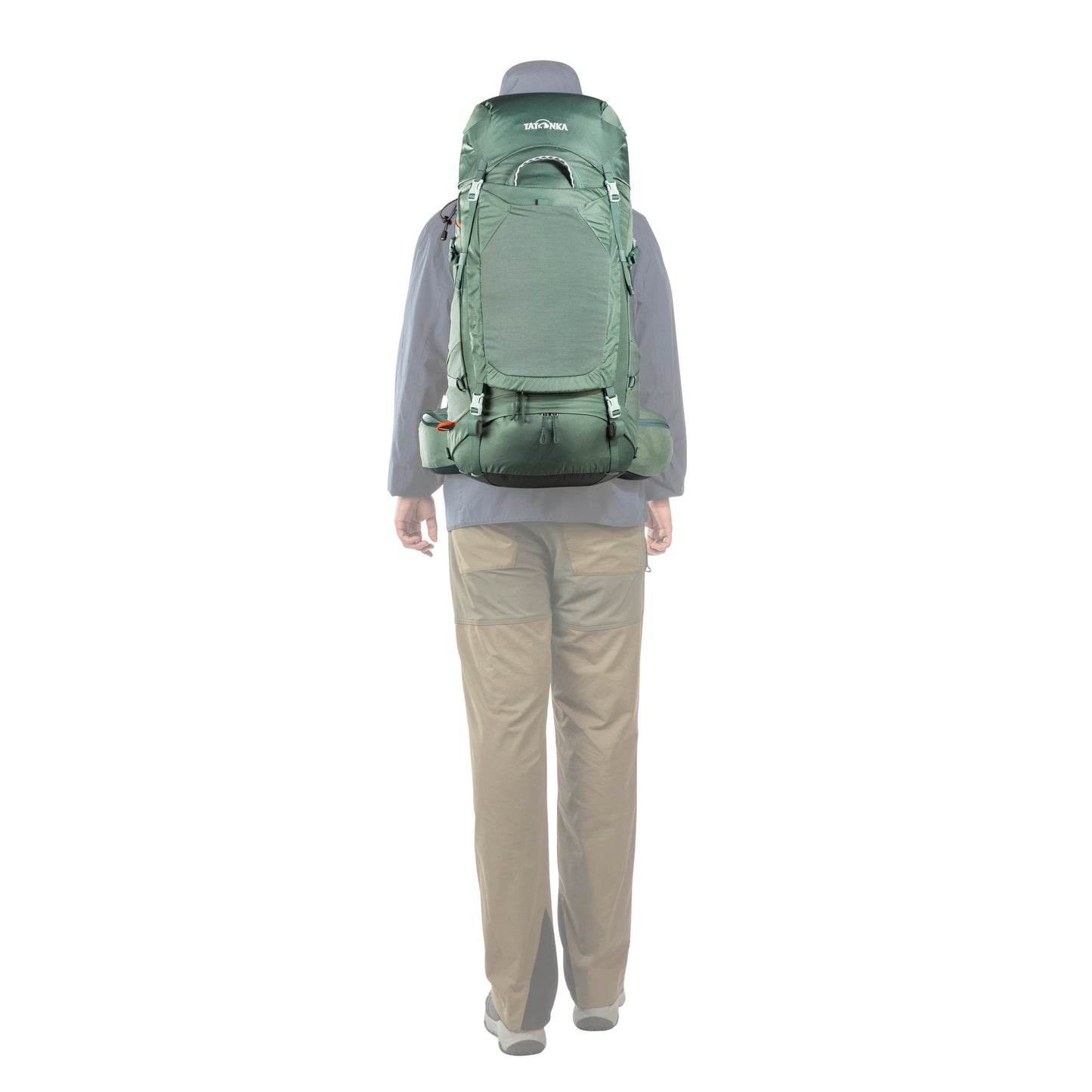 Back view of person using 45 plus 10 litre Tatonka Pyrox pack with padded hip straps - Elemental Blue