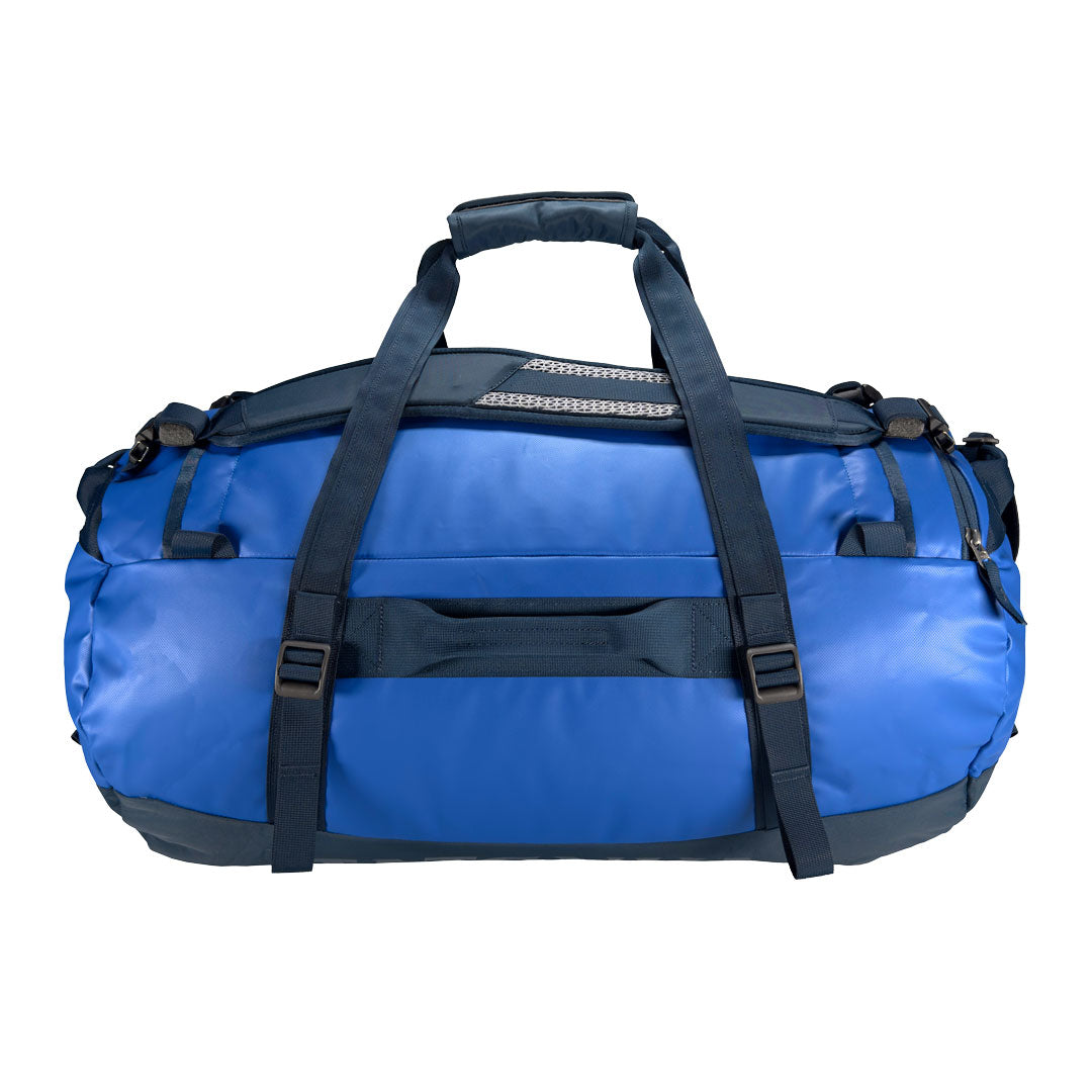 Back view of 85 litre Tatonka barrel bag with adjustable, top carry handles, grab handles on all sides, and padded, removable and adjustable backpack shoulder straps. Main body has compression straps and a padded bottom - Blue | TA6974.410