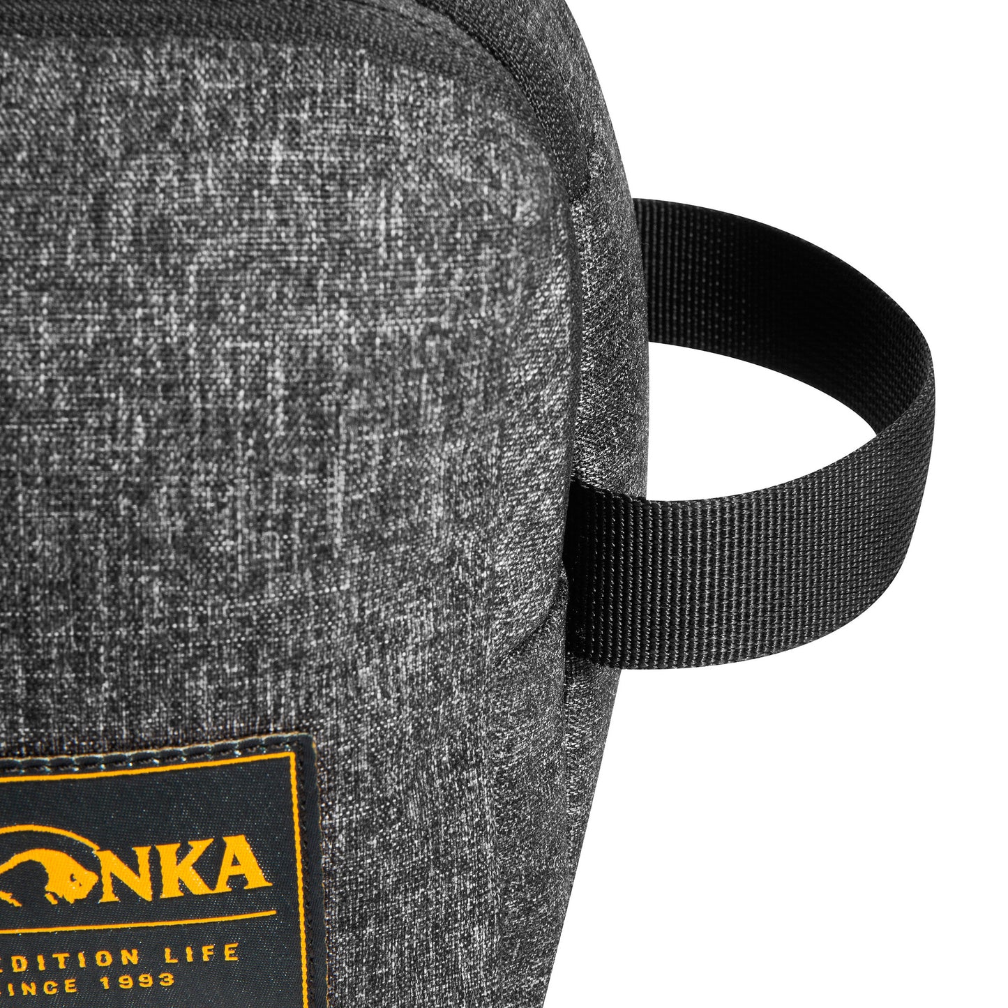 Close up of end grab handle on Tatonka Double Zip Cosmetic Pouch - Black