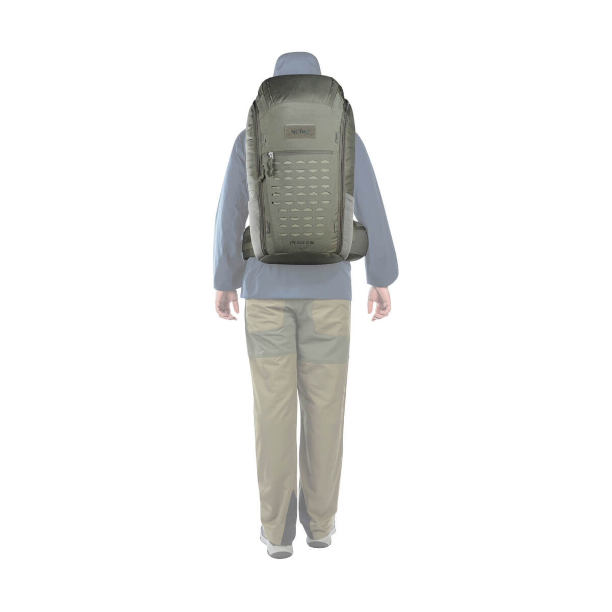 Back view of person wearing the 30 litre Tatonka EDC pack - Stone Olive Grey