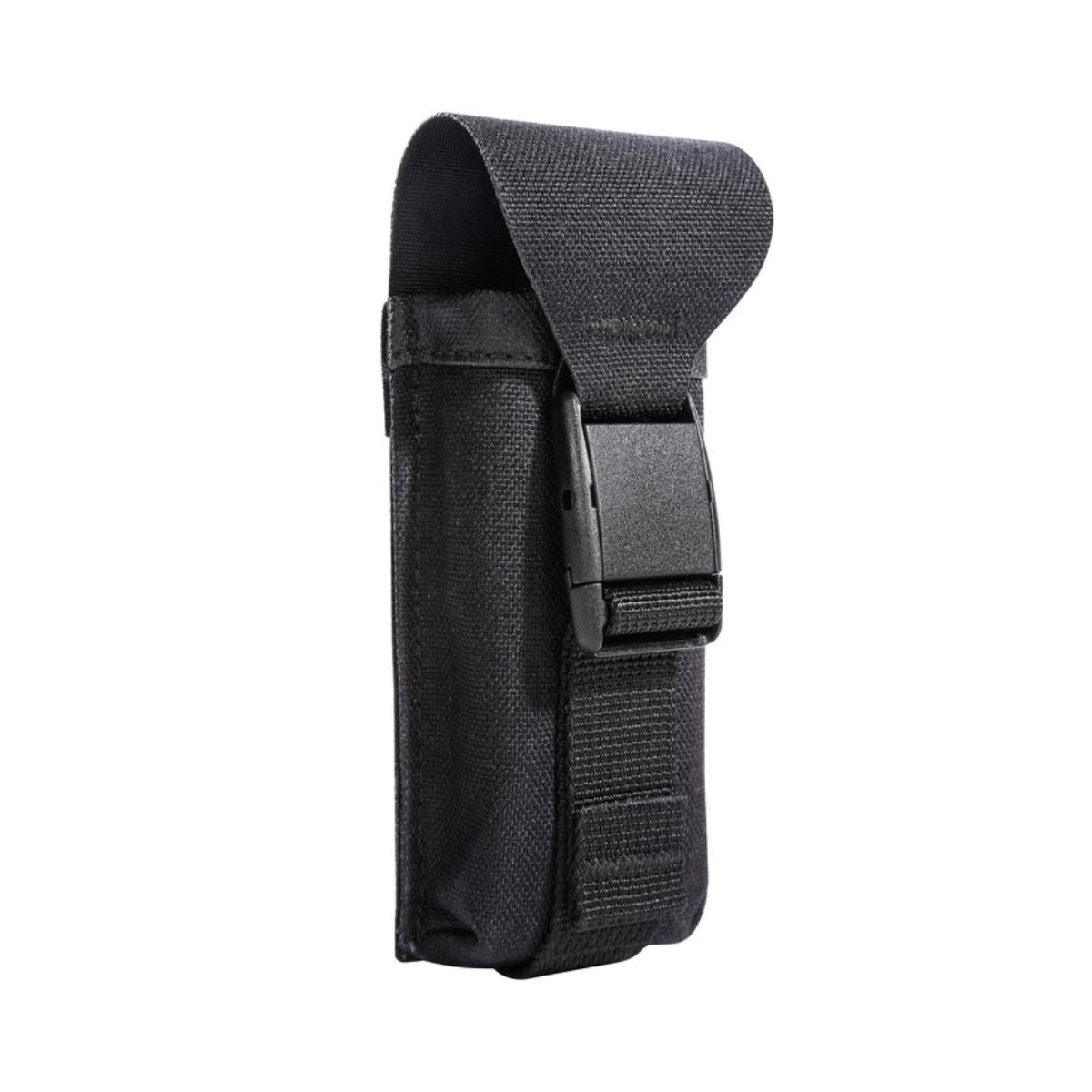 Front three quarter view of medium Tatonka tool pouch with easy-to-use press-release bucket and universal belt loop on back - Black | TA2924.040