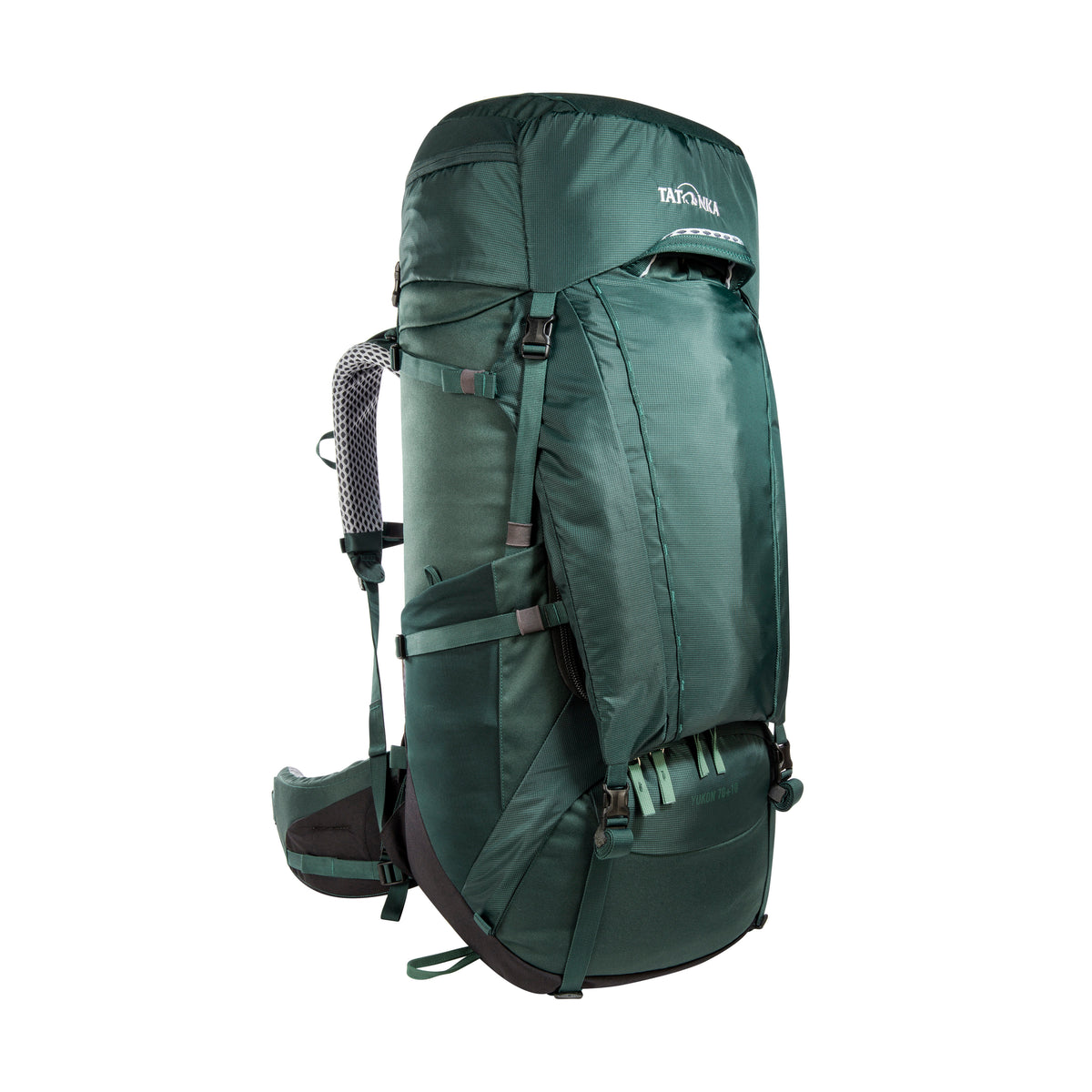 Front three quarter view of 70/10 litre Tatonka branded Yukon pack with load control straps, grab handle, external compression straps, compression straps over sleeping bag compartment, and elastic side pockets. Also features large zip front pocket, 3D zip front opening for main compartment, and twin daisy chain loops – Jasper