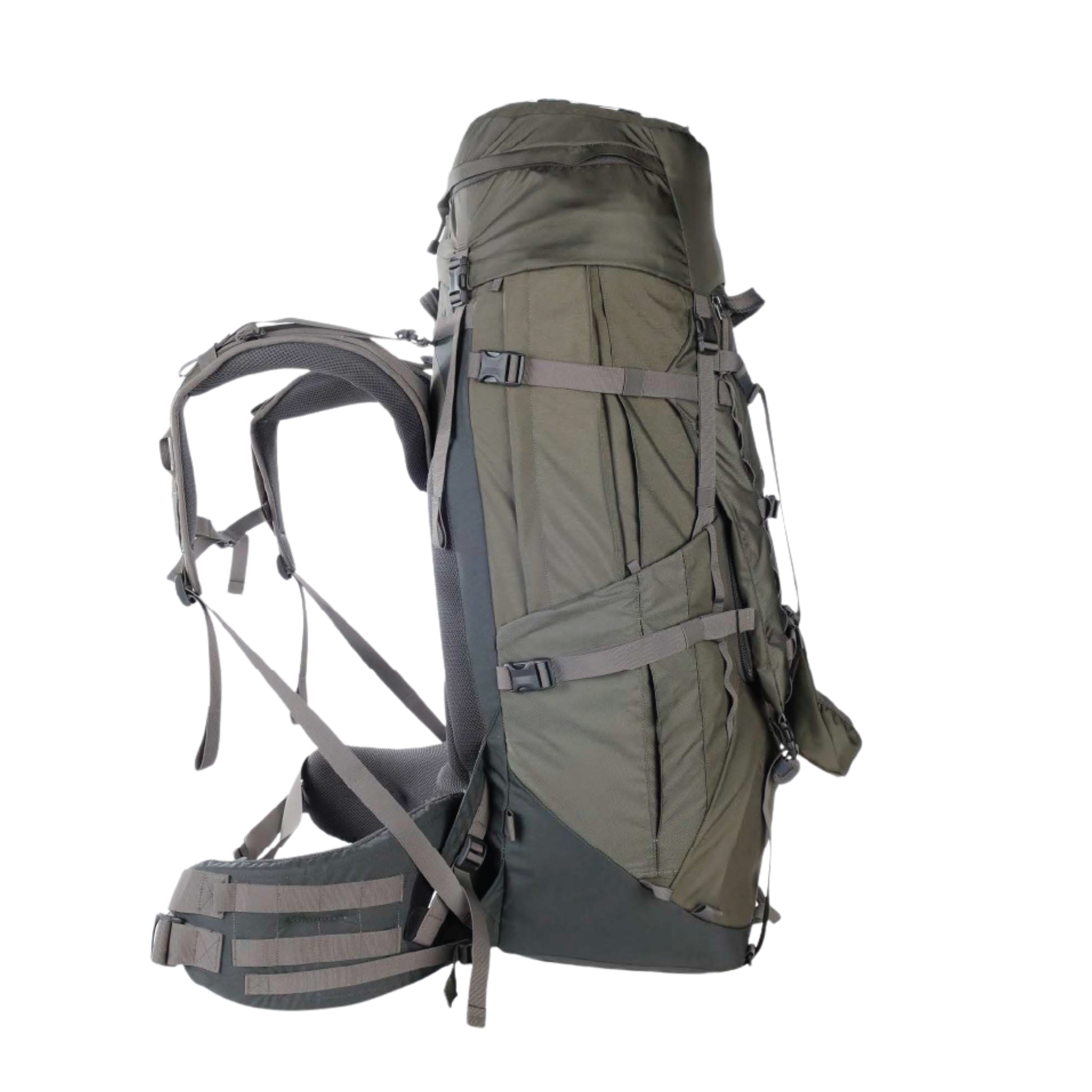 Side view of Tatonka Bison Pro hunting pack featuring sleeve, pocket and compression straps - Stone Grey Olive