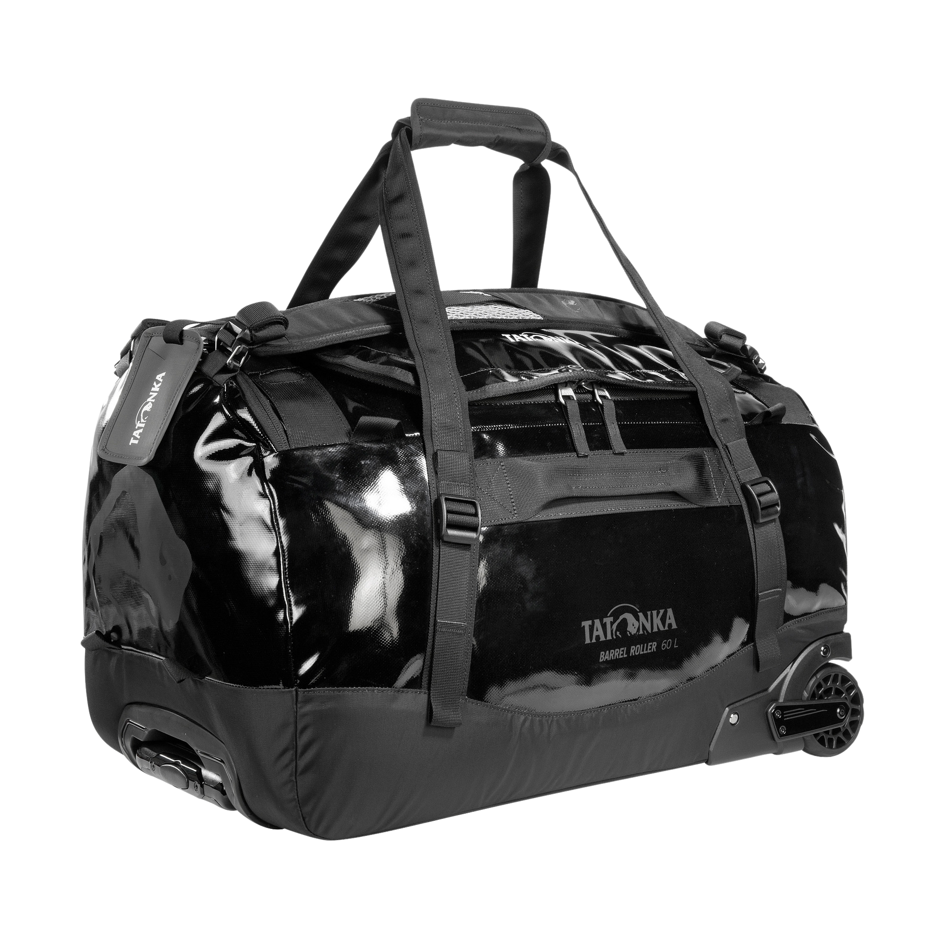 Front three-quarter view of 60 litre Tatonka barrel roller with adjustable, top carry handles, extra wide grab handles on each side, detachable shoulder straps, and a telescopic twin shaft handle with silent PU wheels. Main compartment top opening has 2-way lockable zip sliders, a reinforced base, compression straps, a separate external end pocket and a name tag – Black
