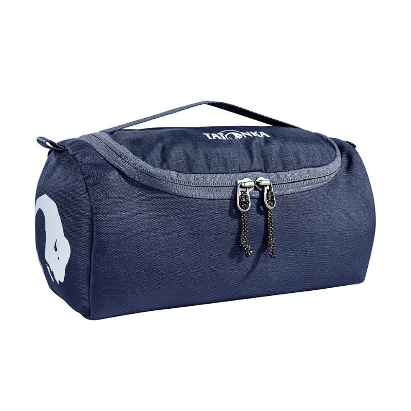Front three-quarter view of three litre Tatonka Care Barrel with zipped opening on top and grab handle - Navy