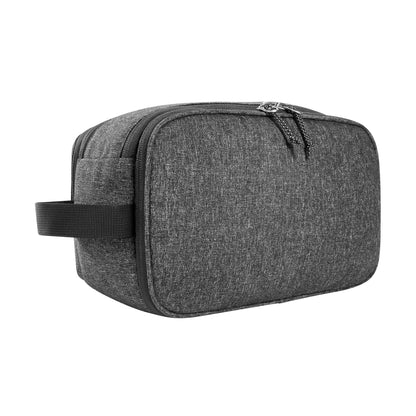 Back three-quarter view of Tatonka Cosmetic pouch with additional zip back pocket, grab handle and large main compartment that opens fully with double zips - Black