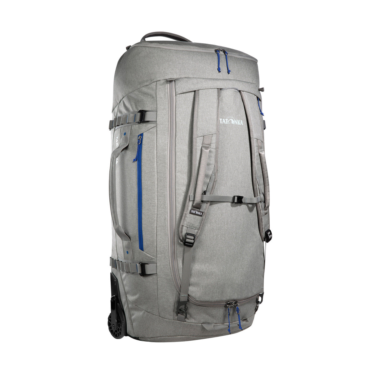 Back three-quarter view of 105 litre Tatonka Duffel Roller with side zip pocket and compression straps, stowaway shoulder straps, grab handles on top and side, large zip opening for main compartment with lockable zip slider – Grey
