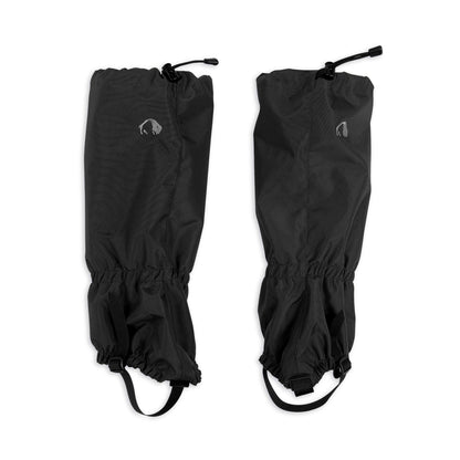 Front view of Tatonka 420 HD gaiters featuring string with cord lock, adjustable Hypalon loops for your boots and attachment hook for shoelaces - Black | Ships from Melbourne