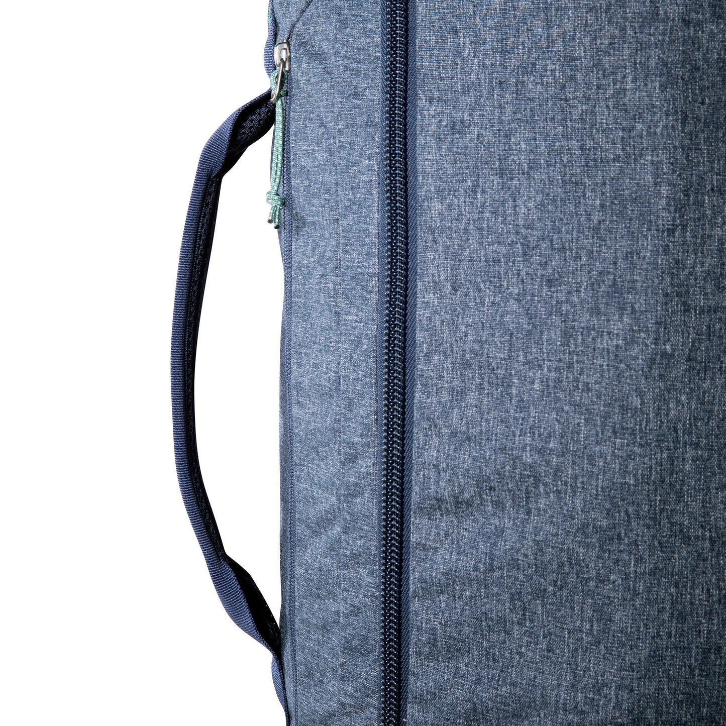Close up of grab handle next to zipper on Tatonka Duffel Roller - Navy