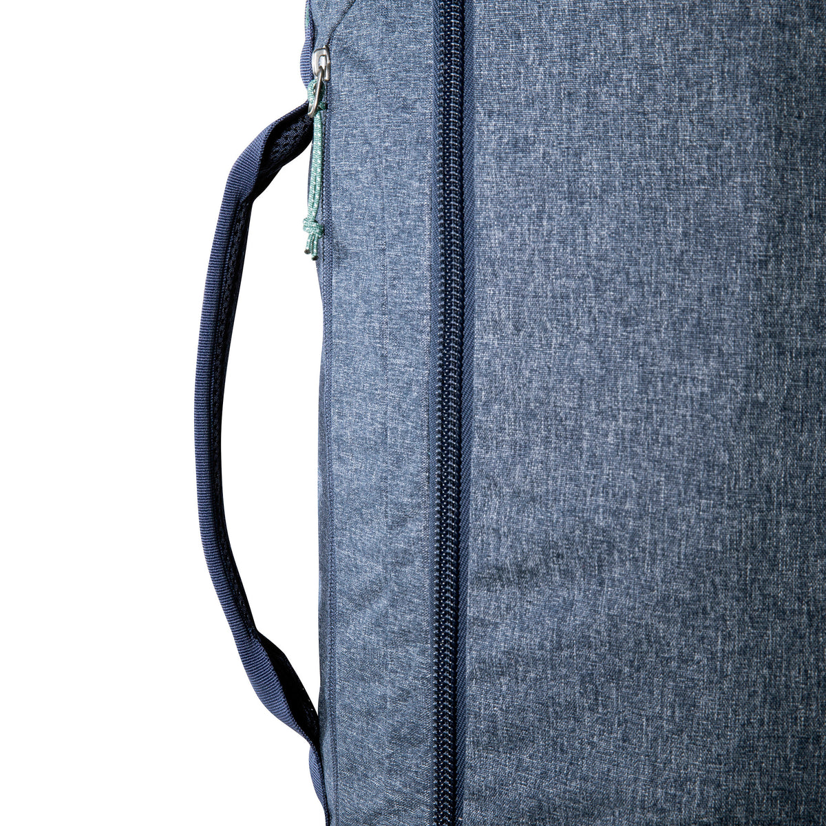 Close up of grab handle next to zipper on Tatonka Duffel Roller - Navy