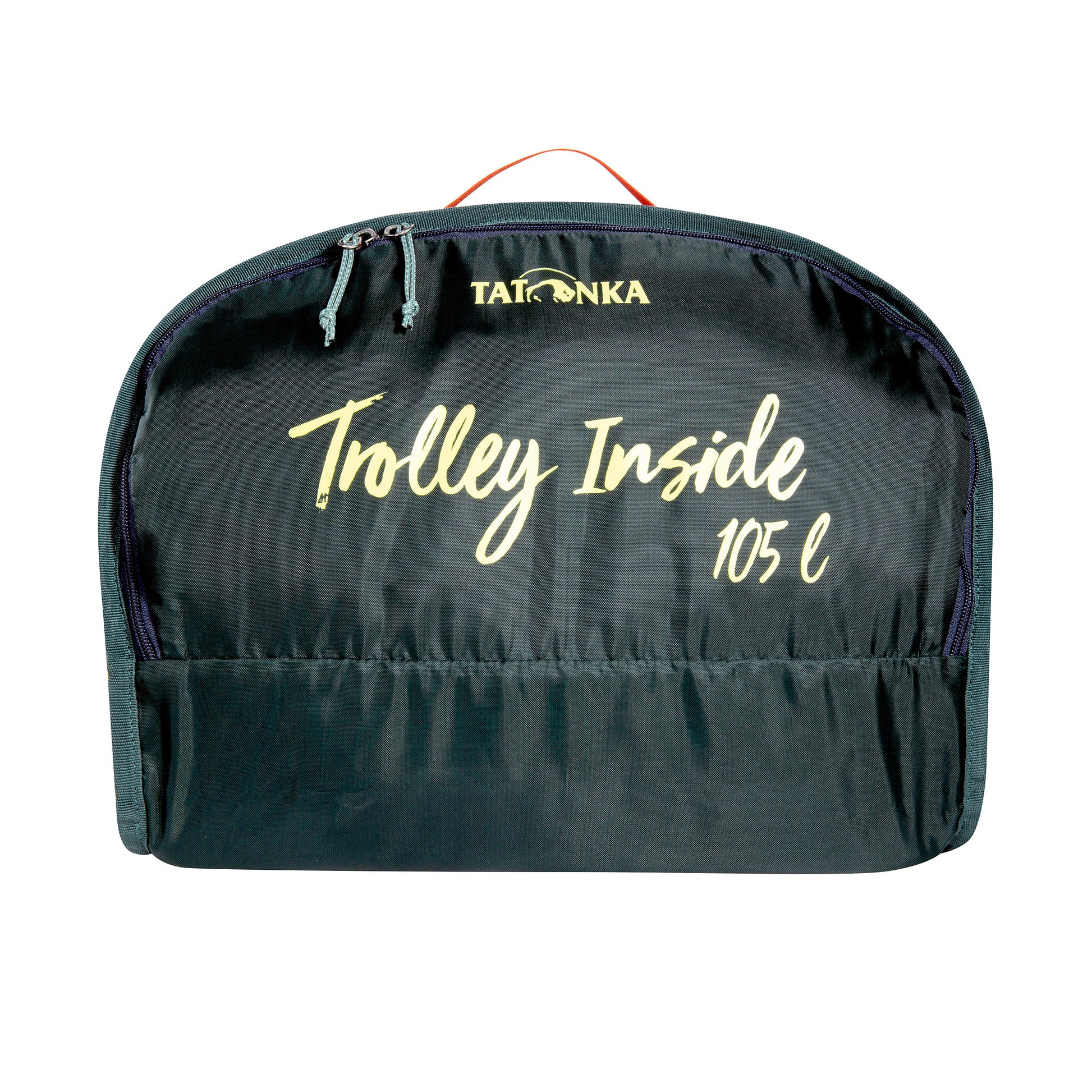 Front view of Tatonka Duffel Roller packed down into lid compartment which has Tatonka logo plus Trolley Inside 105 L in gold