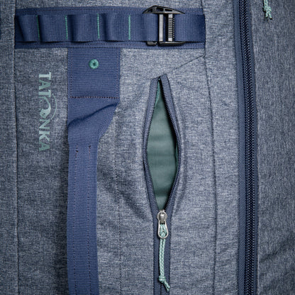 Close up of the size zip pocket on a Tatonka Duffel Roller - Navy