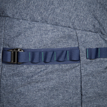 Close up of side hook and loop tensioner on a Tatonka Duffel Roller - Navy