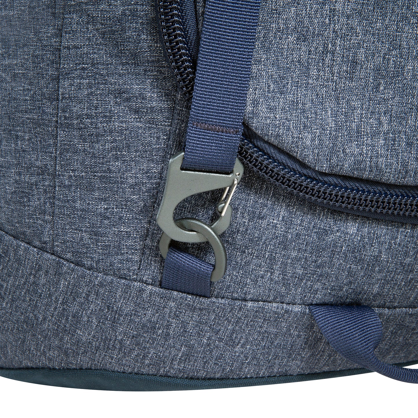 Close up of bottom connection point for stowable shoulder straps on Tatonka Duffel Roller - Navy