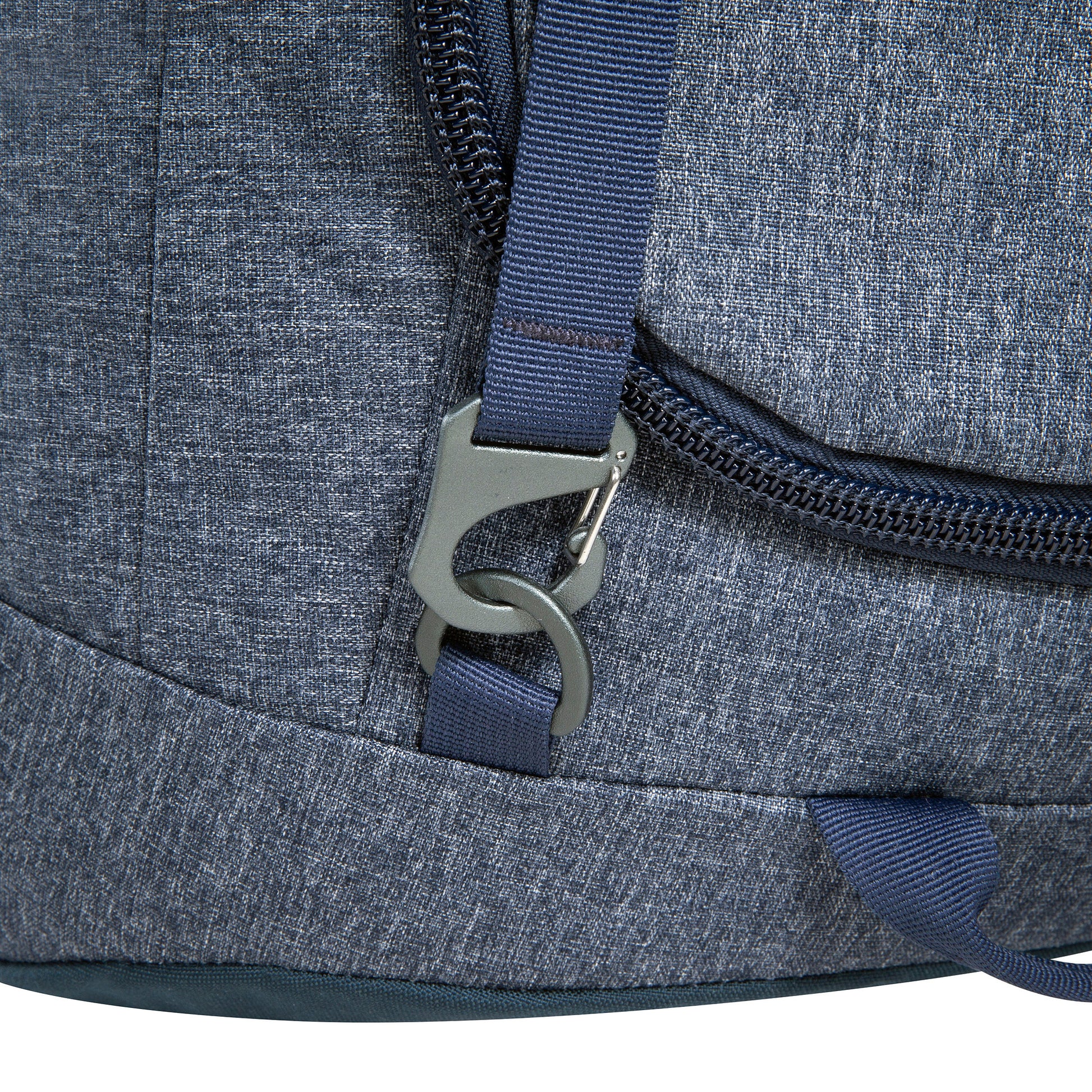 Close up of bottom connection point for stowable shoulder straps on Tatonka Duffel Roller - Navy