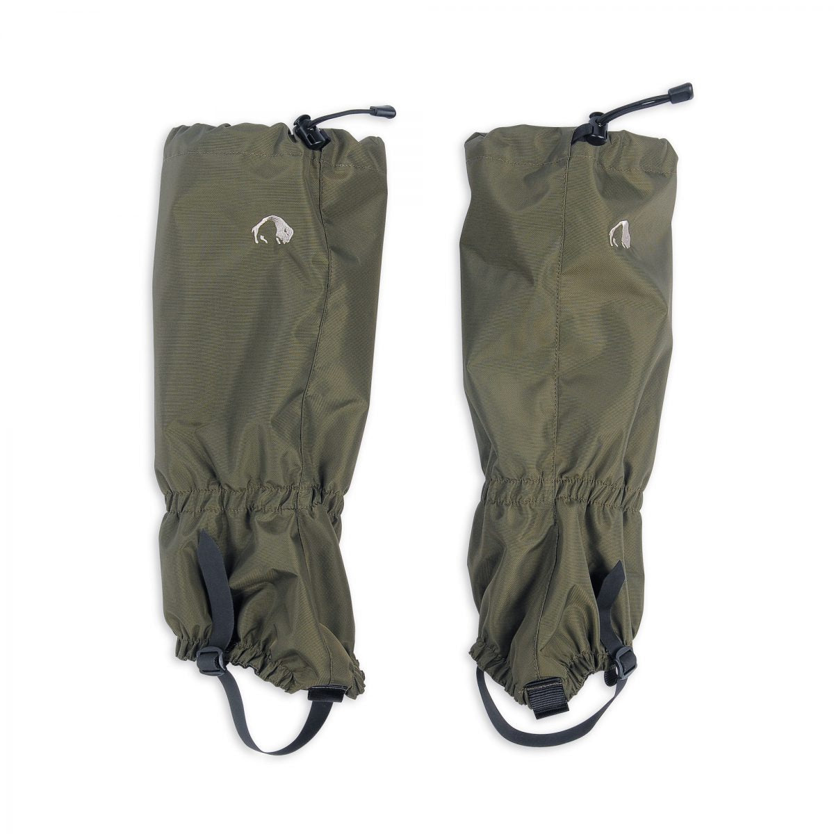Front view of Tatonka 420 HD gaiters featuring string with cord lock, adjustable Hypalon loops for your boots and attachment hook for shoelaces - Olive