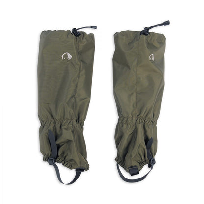 Front view of Tatonka 420 HD gaiters featuring string with cord lock, adjustable Hypalon loops for your boots and attachment hook for shoelaces - Olive