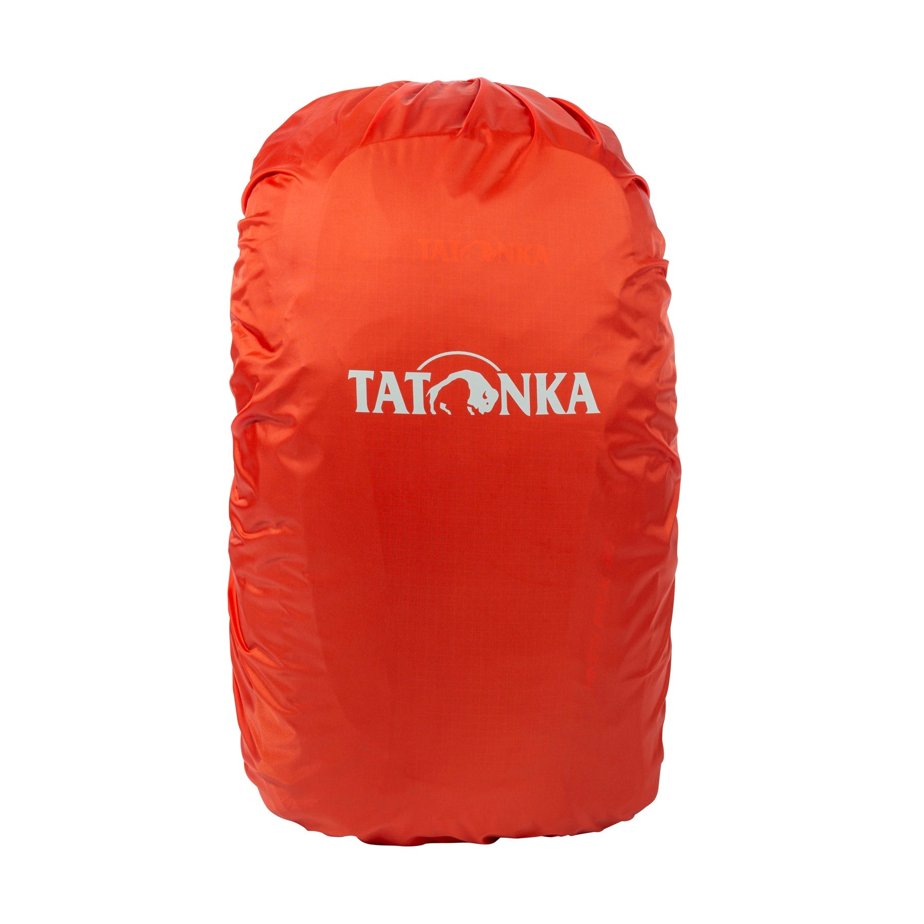 Front view of extra small Tatonka branded lightweight, water-resistant pack rain cover – Red Orange