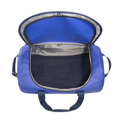 Open view showing the main compartment of the Tatonka Basic Barrel 65 L in matte blue | TADI.6981.410